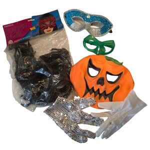 Halloween Cosplay Costume Masks 6 Pcs Silver Glove Feather Mask Pumpkin Sequins